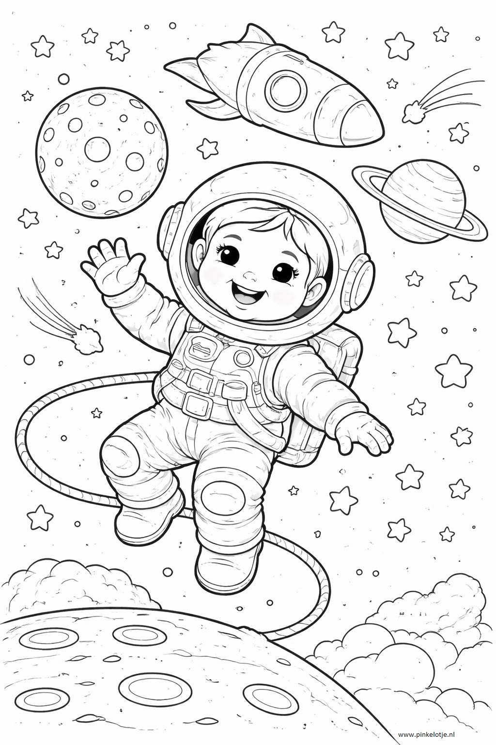 Een vrolijke jonge astronaut in een ruimtepak zwaait terwijl hij in de ruimte zweeft