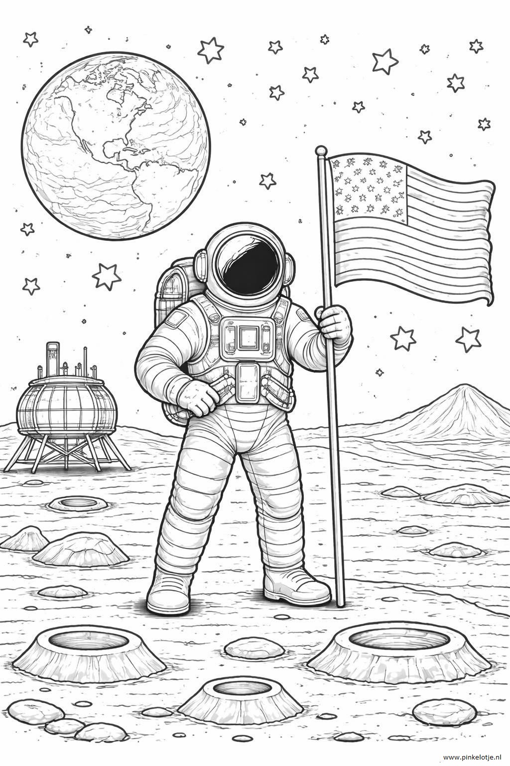 Een astronaut staat op het maanoppervlak en houdt trots een Amerikaanse vlag vast