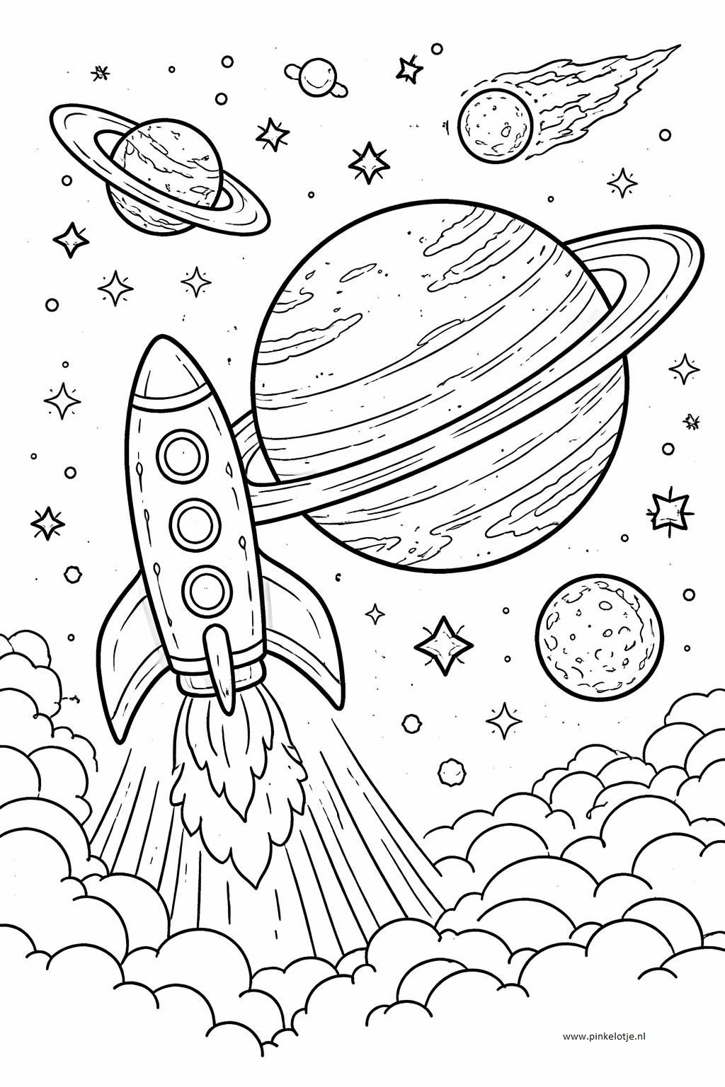 Een raket schiet omhoog door pluizige wolken in een leuke buitenaardse scène