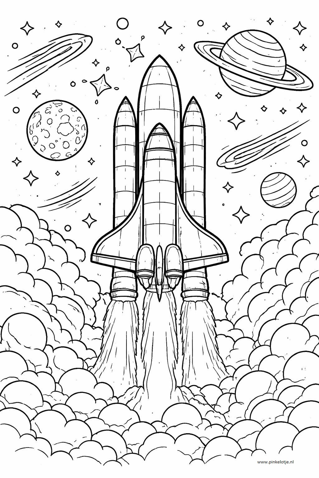 Een grote raket (de Space Shuttle) stijgt op met brandende motoren en zoeft door wollige wolken in de lucht