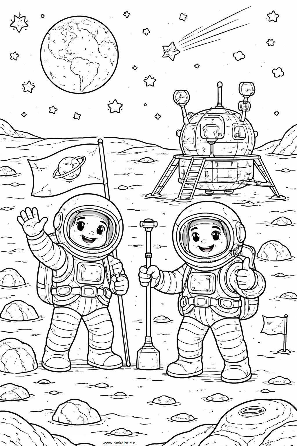 Twee opgewekte astronauten zwaaien terwijl ze op de maan staan, ieder met een vlag in de hand