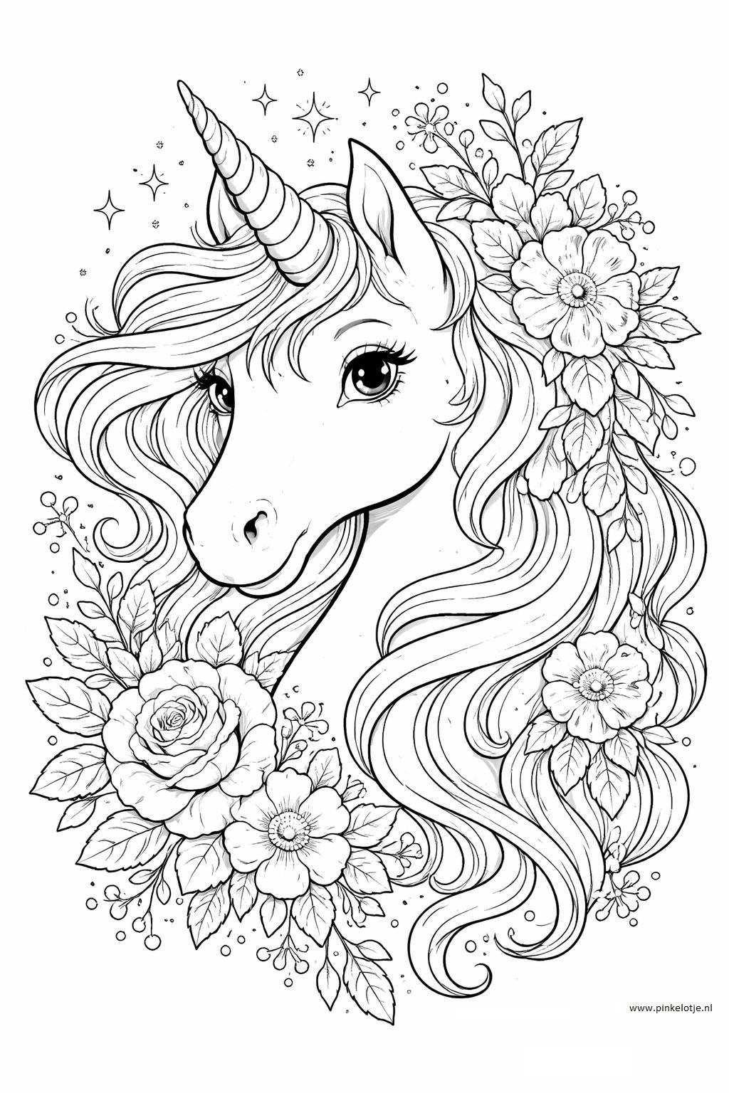 A friendly unicorn with a shiny horn and a beautiful, flowing mane