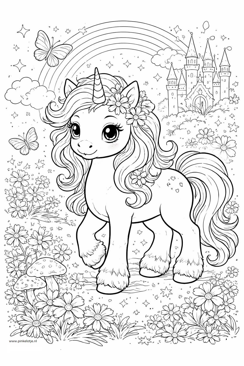 A cute unicorn stands with a big smile, surrounded by colorful flowers and mushrooms