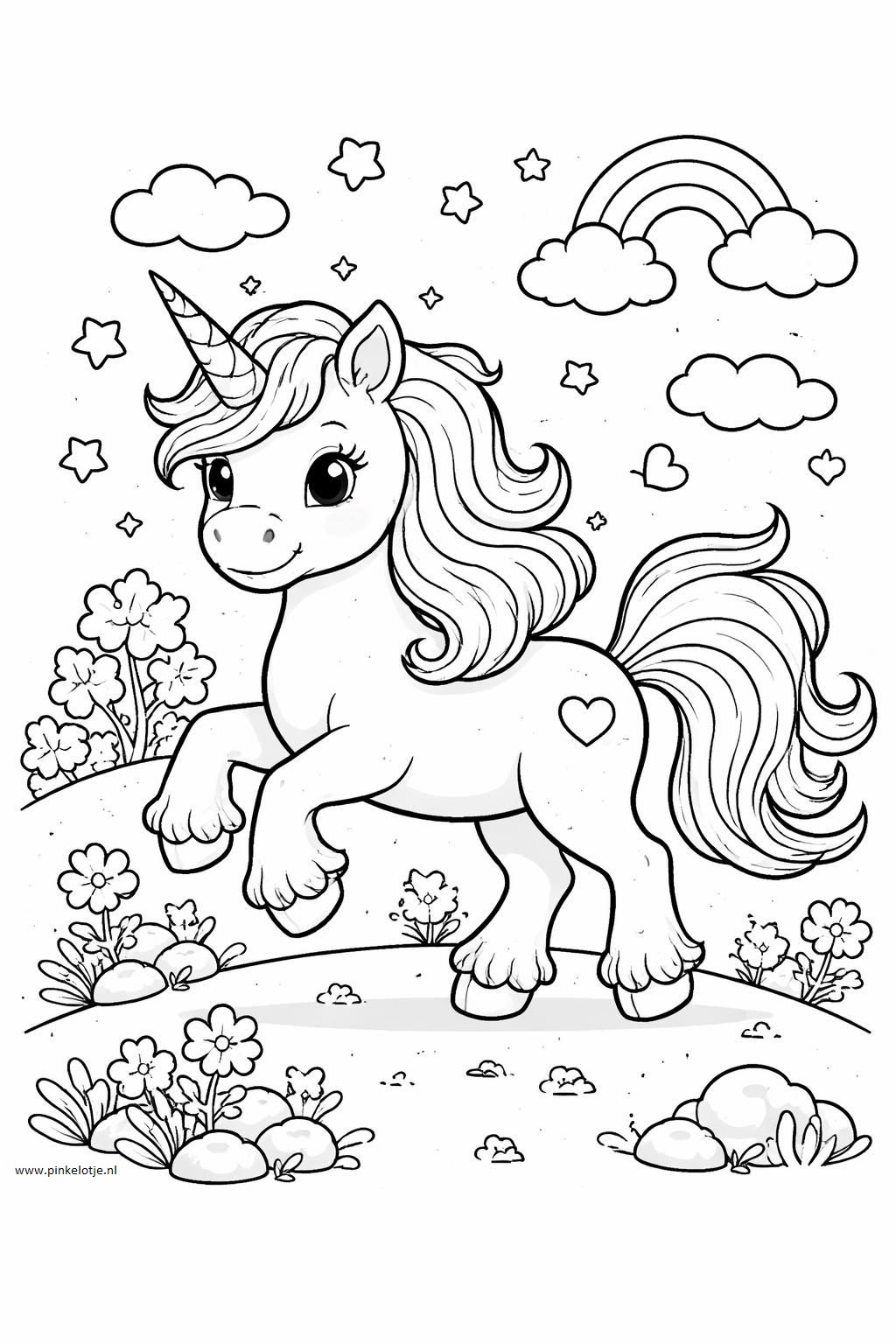 A cheerful unicorn prances happily through a grassy field, showing off a cute heart on its side