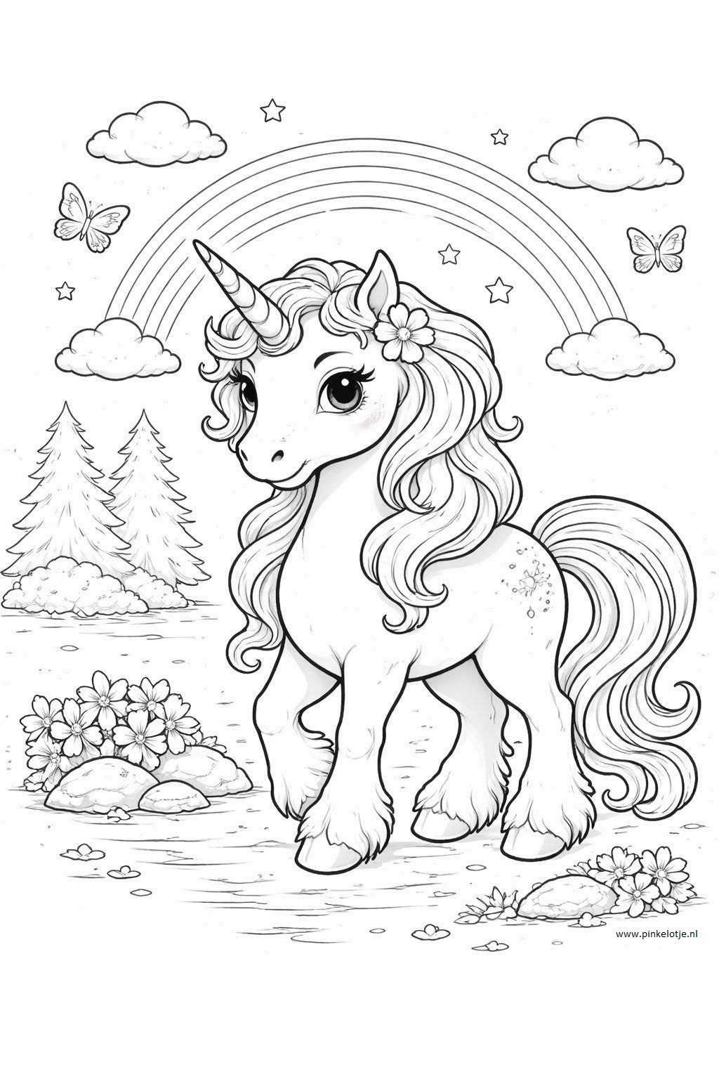 A lovely unicorn stands proudly in a sunny meadow, adorned with a flower in its mane